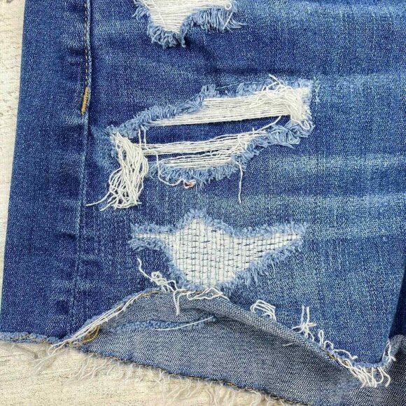 American Eagle Jean Shorts Womens 2 Super Stretch Distressed Blue Cutoff Patches - Picture 3 of 8